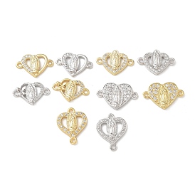 Rack Plating Brass Micro Pave Clear Cubic Zirconia Religion Heart Virgin Mary Connector Charms, Long-Lasting Plated, Lead Free & Cadmium Free