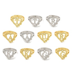 Heart with Letter & Flower Rack Plating Brass Adjustable Rings for Women, Lead Free & Cadmium Free