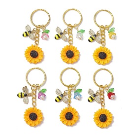 Llaveros de imitación de perlas de acrílico, aleación, esmalte y plástico ABS, girasol y abejas, con llaveros de hierro.
