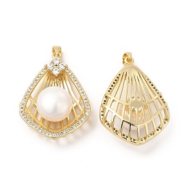 Brass Micro Pave Cubic Zirconia Pendants, with Pearl, Kite Charm