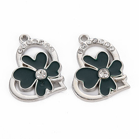 Alloy Pendants, with Enamel and Rhinestone, Platinum, Heart with Flower