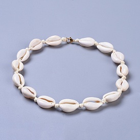 Colliers de perles coquille cauris, avec fermoirs en laiton et cordon en polyester ciré coréen écologique, réel 18 k plaqué or