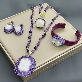 Natural White Crystal 4-Piece Set with Handcrafted Amethyst Inlay - Fashionable and Unique Stone Jewelry Collection