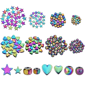 240Pcs 8 Style Electroplate Non-magnetic Synthetic Hematite Beads, Star & Heart & Round & Cube