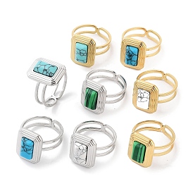Ion Plating(IP) 304 Stainless Steel Ring, Adjustable Synthesize Gemstone Rings, Rectangle
