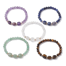 Gemstone Cube & Round Beaded Stretch Bracelets