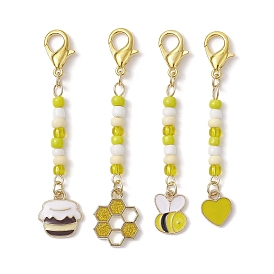 4Pcs 4 Styles Alloy Enamel Pendant Decorations, with Glass Seed Beads, Bee/Honeycomb/Honey Jar