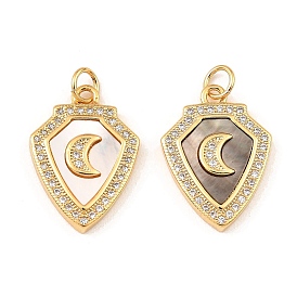 Brass Cubic Zirconia with Shell Pendants, Long-Lasting Plated, Lead Free & Cadmium Free, Shield with Moon