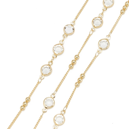 Handmade Glass Beaded Chains, with Brass Beads and Spool, Soldered, Long-Lasting Plated, Round, Golden