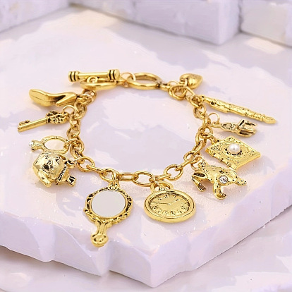 Pulseras vintage de aleación con múltiples dijes de cuento de hadas para mujer, con diamantes de imitación y perla de plástico, blanco