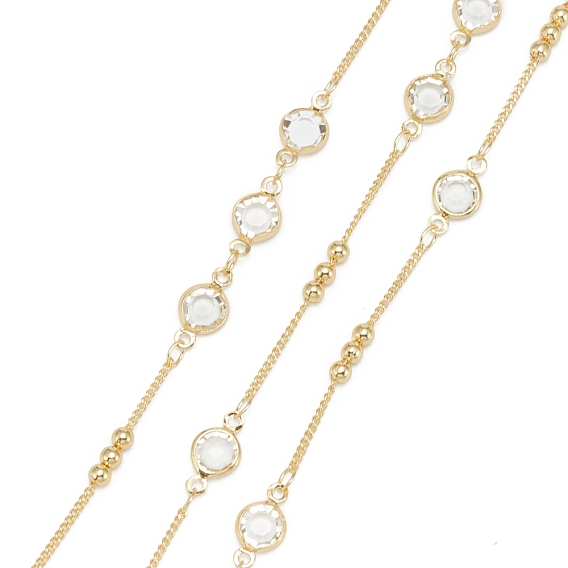 Handmade Glass Beaded Chains, with Brass Beads and Spool, Soldered, Long-Lasting Plated, Round, Golden