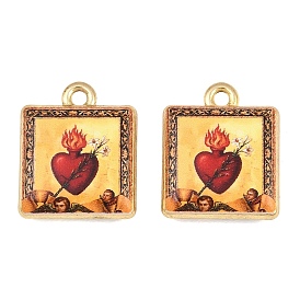 Printed Alloy Pendants, Square with Sacred Heart Charms, Golden, Rack Plating