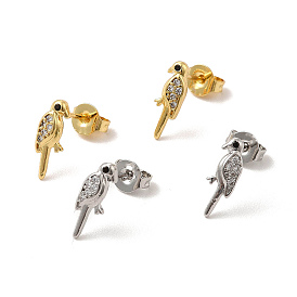 Rack Plating Brass Micro Pave Clear Cubic Zirconia Bird Stud Earrings, Long-Lasting Plated, Lead Free & Cadmium Free