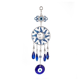 Handmade Lampwork Evil Eye Pendant Decorations, with Glass Rhinestone, Iron Chain, Iron Ring & Alloy Enamel Finding, Sun & Star & Teardrop