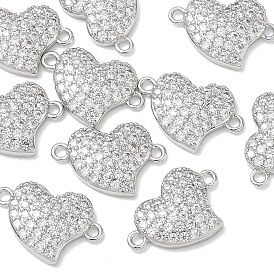 SHEGRACE Brass Micro Pave Clear Cubic Zirconia Connector Charms, Heart Links, Cadmium Free & Lead Free & Nickel Free
