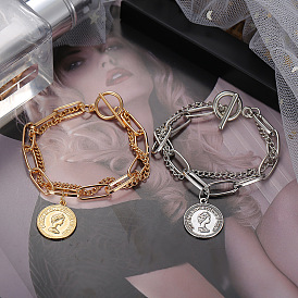 Double-layered Personality OT Clasp Round Pendant Bracelet with Retro and Simple Chain for Women