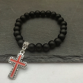 Цинковый сплав красная эмаль крестик подвеска натуральный матовый черный камень бисерные эластичные браслеты для женщин мужчин подарок