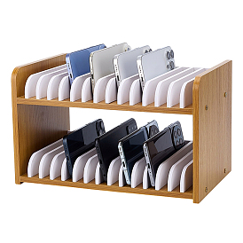 Organizador de dispositivos de madera de doble capa, Soporte con ranura arqueada para guardar teléfonos y tabletas., Rectángulo