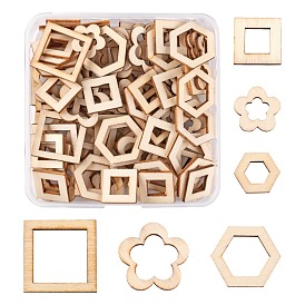 120Pcs 6 Style Poplar Wood Linking Rings, Flower & Square & Hexagon