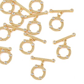 SHEGRACE Brass Micro Pave Clear Cubic Zirconia OT Toggle Claps, Flat Round, Cadmium Free & Lead Free & Nickel Free, Long-Lasting Plated