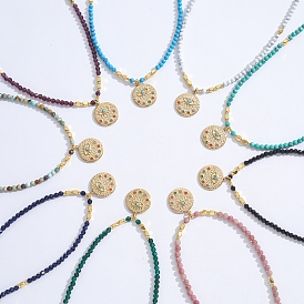 Кулон из нержавеющей стали в виде сглаза, ожерелье из граненых круглых бусин с драгоценными камнями для женщин, ионное покрытие (IP)., золотые