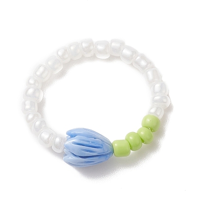 Flower Bud Synthetic Coral & Glass Seed Beaded Stretch Ring for Women