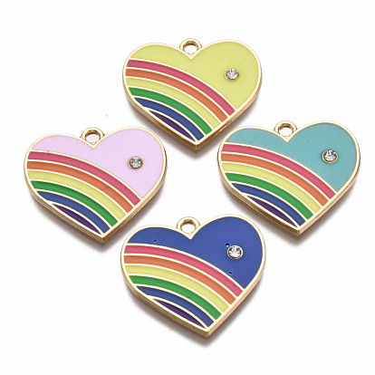 Alloy Enamel Pendants, Light Gold, with Rhinestone, Cadmium Free & Nickel Free & Lead Free, Heart
