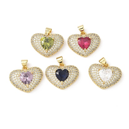 5шт. латунные подвески с микропаве из прозрачного кубического циркония, сердце, без свинца и без кадмия, долговечный, стойки покрытие, реальный 18 k позолоченный
