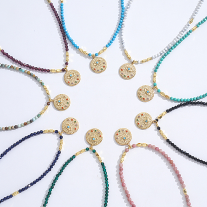 Кулон из нержавеющей стали в виде сглаза, ожерелье из граненых круглых бусин с драгоценными камнями для женщин, ионное покрытие (IP)., золотые