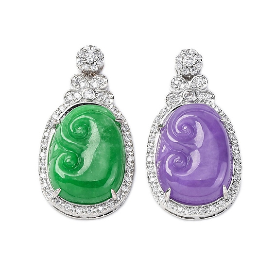 Окрашенный натуральный бирманский нефрит руйи подвески, латунные прозрачные кубические циркониевые драгоценные камни подвески, платина