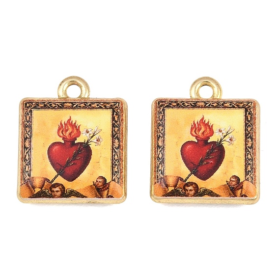 Printed Alloy Pendants, Square with Sacred Heart Charms, Golden, Rack Plating