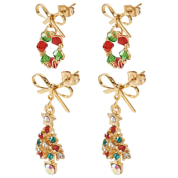 2 пары 2 стили серьги-гвоздики с бантом, венком и рождественской елкой из сплава стекла, со стразами, с латунными серьгами, золотые