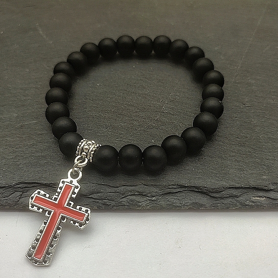 Цинковый сплав красная эмаль крестик подвеска натуральный матовый черный камень бисерные эластичные браслеты для женщин мужчин подарок