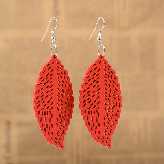 Cute Design Filigree Leaf Wood Dangle Earrings, with Platinum Plated Iron Earring Hooks, 79mm, Pin: 0.8mm