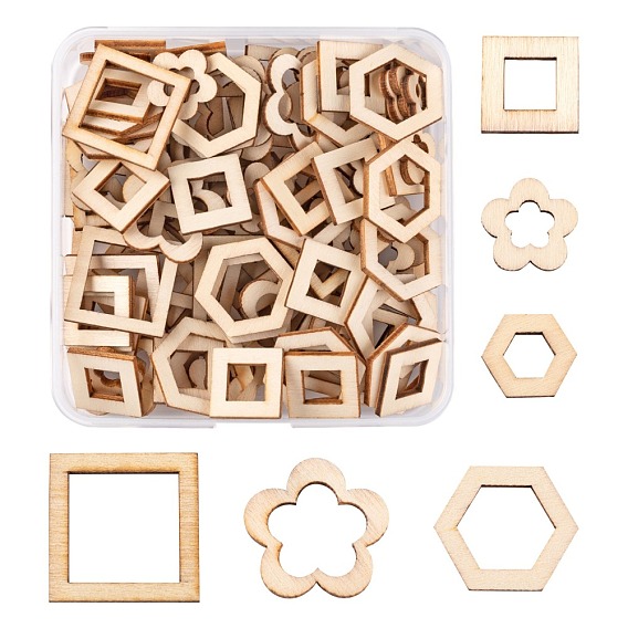 120Pcs 6 Style Poplar Wood Linking Rings, Flower & Square & Hexagon