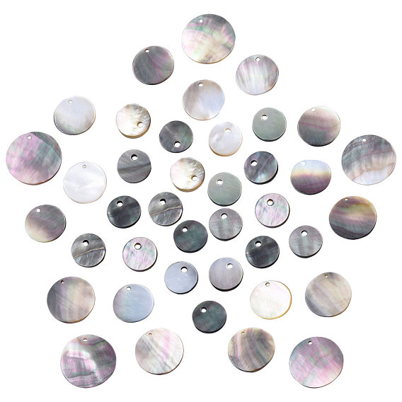 40Pcs 4 Style Black Lip Shell Pendants, Flat Round