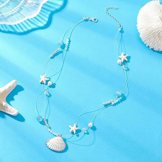 Подвеска из натуральной ракушки с гальваническим покрытием, прозрачная нейлоновая нить, 3-рядное ожерелье, с синтетической бирюзой в виде морской звезды, натуральным аквамарином и бусинами из кошачьего глаза, серебряный цвет гальваническим