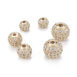 Brass Micro Pave Clear Cubic Zirconia Beads, Cadmium Free & Lead Free, Long-Lasting Plated, Round