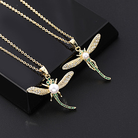 Pearl and CZ Dragonfly Pendant Necklace with Gold Plated Collarbone Chain for Women