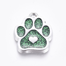 Enamel Pendants, with Platinum Plated Alloy Findings and Glitter Powder, Dog Paw Prints with Heart