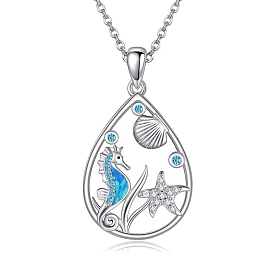 Ocean Theme Alloy Rhinestone Pendant Necklaces, Teardrop