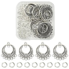 20Pcs Tibetan Style Alloy Chandelier Component Links, Flat Round, with 100Pcs Jump Rings