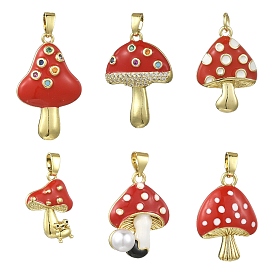 6 шт 6 стили латунные подвески из микропаве с фианитом, с эмалью, гриб