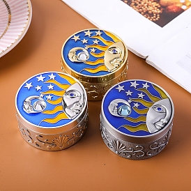 Moon Sun Face Alloy Metal Storage Boxes, Flat Round, Silver Color