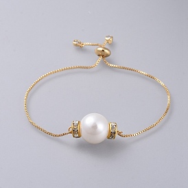 Adjustable Slider Bracelets, Bolo Bracelets, with Plastic Imitation Pearl Beads, Cubic Zirconia, Brass Rhinestone Spacer Beads and Box Chains