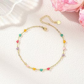 Brass Enamel Heart Link Chains Anklets, with Brass Cable Chains, Rack Plating Brass Open Jump Rings, Rack Plating Brass Chain Extender and 304 Stainless Steel Lobster Claw Clasps