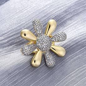 Латунные кольца-манжеты с микропаве и прозрачным цирконием для женщин, цветок, долговечный, без свинца и без кадмия