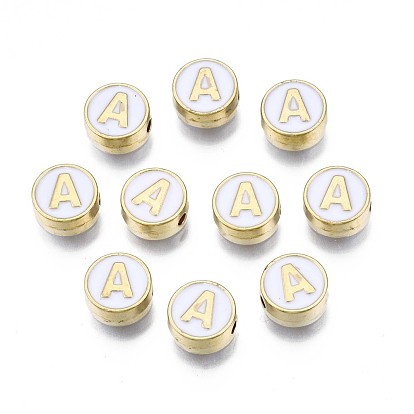 Alloy Enamel Beads, Cadmium Free & Lead Free, Light Gold, Flat Round with Alphabet