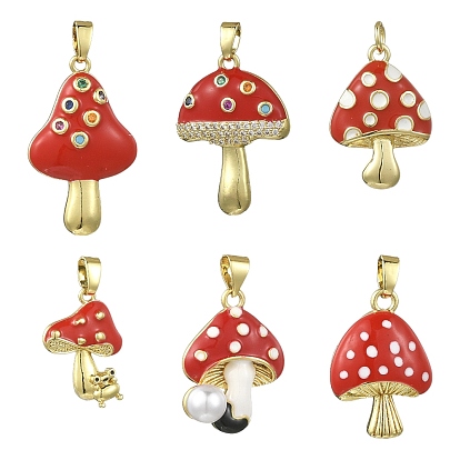 6 шт 6 стили латунные подвески из микропаве с фианитом, с эмалью, гриб