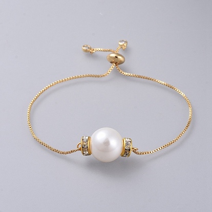 Adjustable Slider Bracelets, Bolo Bracelets, with Plastic Imitation Pearl Beads, Cubic Zirconia, Brass Rhinestone Spacer Beads and Box Chains